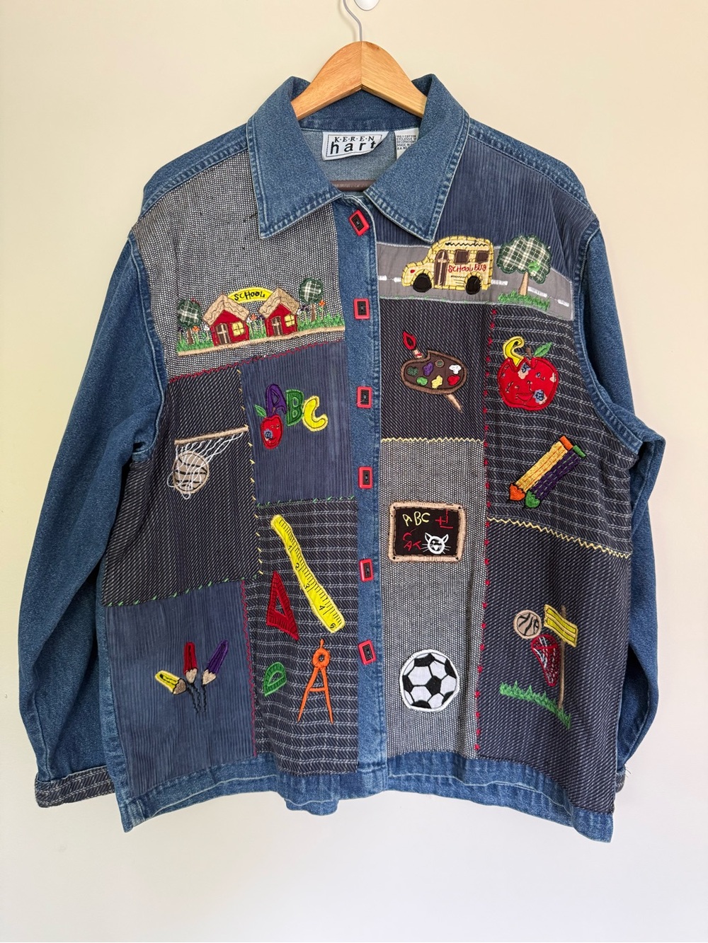 Vintage KEREN Hart Patchwork Denim Jacket Colorful School Teacher Motifs Sz L